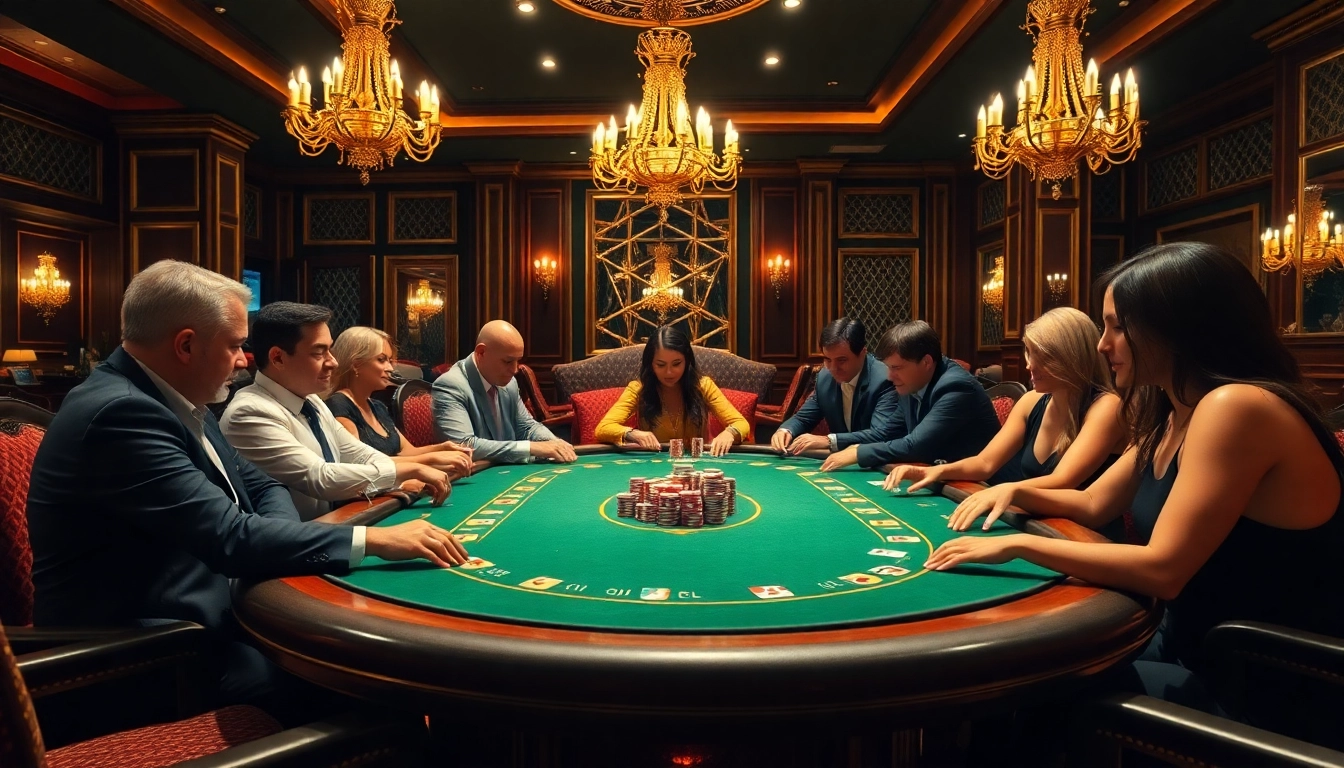Poker mania excitement at a lavish casino table with players and chips.