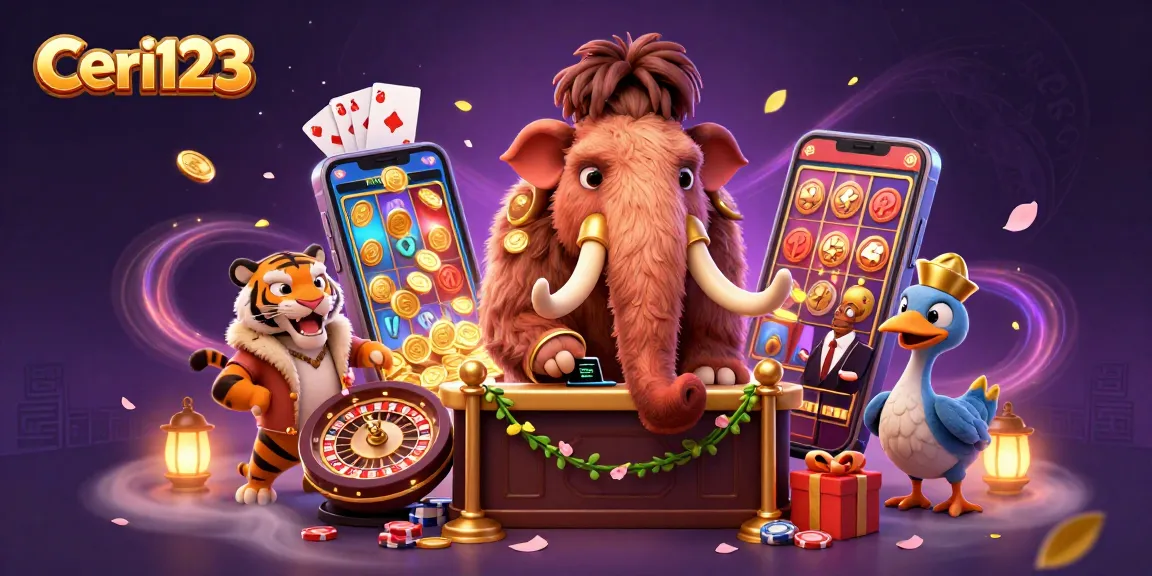 Ceri123 showcases a vibrant 3D casino scene featuring a woolly mammoth bouncer and colorful slot games.