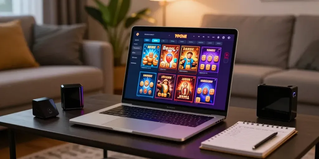 Antarmuka situs ratutogel ditampilkan di laptop modern dengan suasana ruangan yang nyaman.