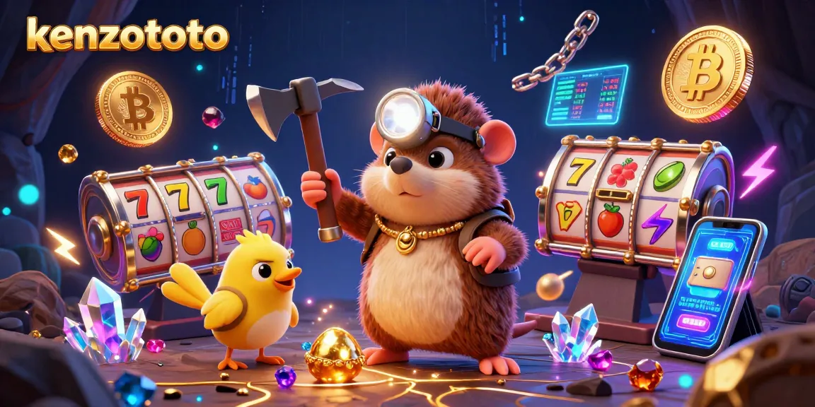 Kenzototo menghadirkan permainan mendebarkan dengan simbol slot, jackpot, dan karakter yang mengolah emas dalam suasana ceria.
