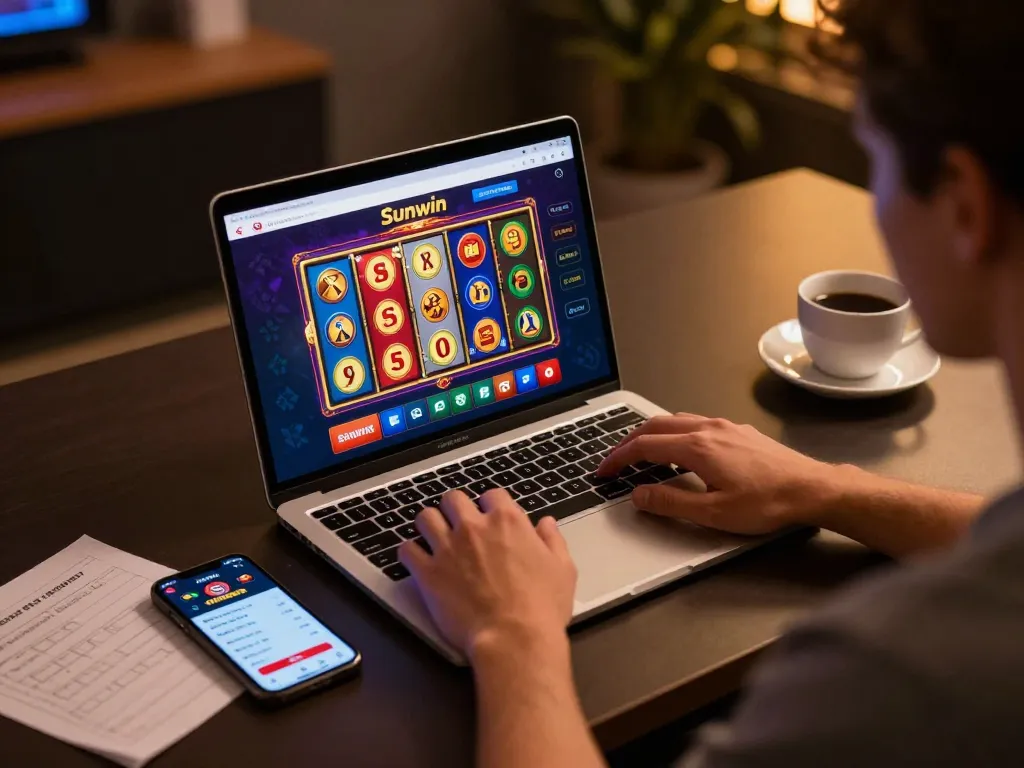 Engaging gaming session on Sunwin app showcasing colorful slot game interface on a laptop.