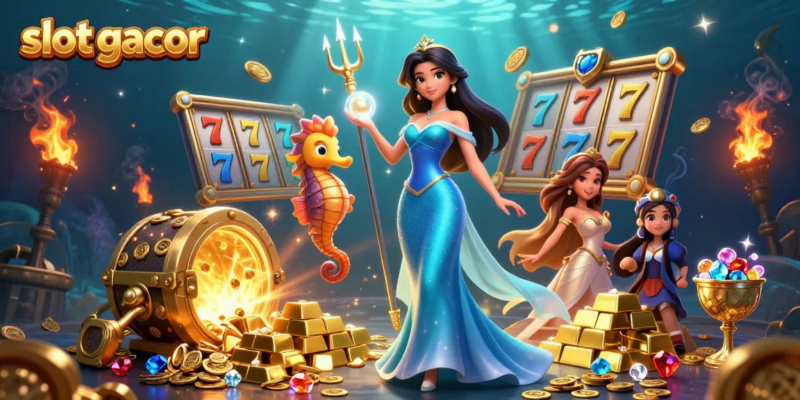 Play slot gacor with a stunning illustration of treasure and vibrant characters in a lively casino scene.