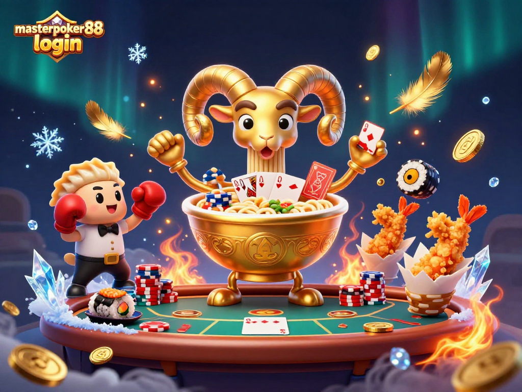 Masuk masterpoker88 login dengan karakter unik kasino, termasuk dealer sushi dan meja poker.