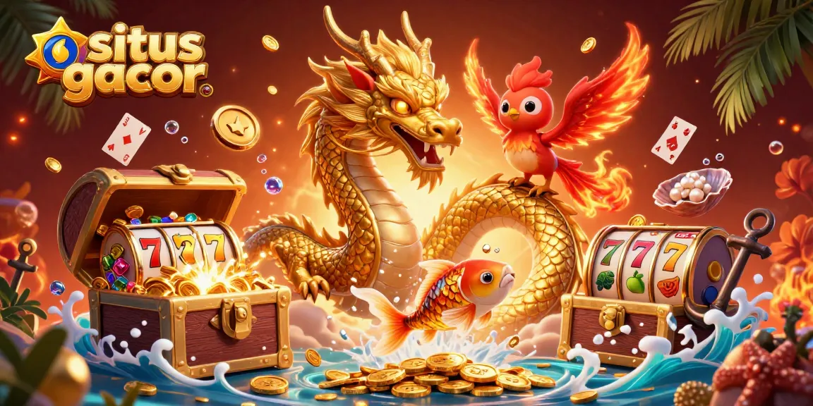Experience situs gacor thrills with a dynamic 3D illustration featuring a dragon, phoenix, and koi fish surrounded by casino elements.