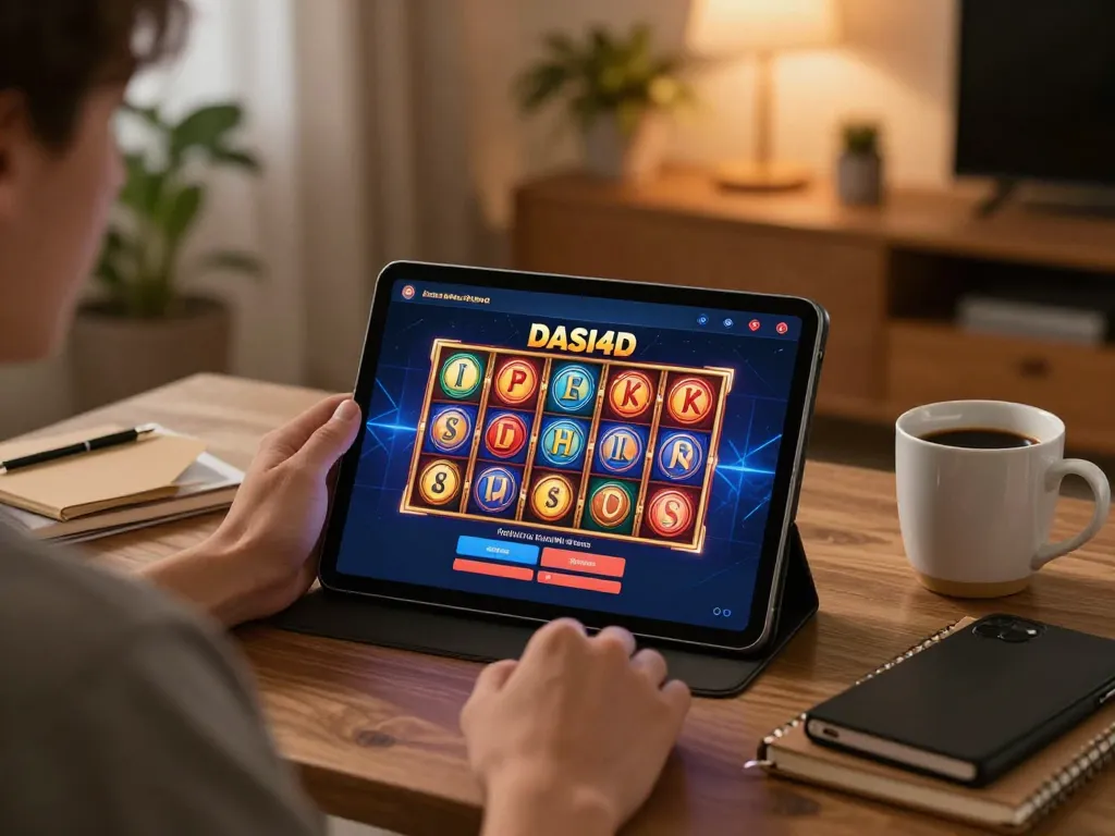 Pemain yang terlibat mengakses login dasi4d di tablet, menampilkan suasana permainan slot online dan elemen permainan yang bertanggung jawab.