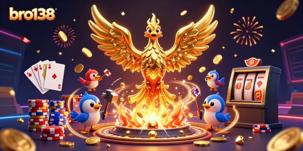 Experience winning moments at bro138 with a phoenix and gambling elements celebrating prosperity.
