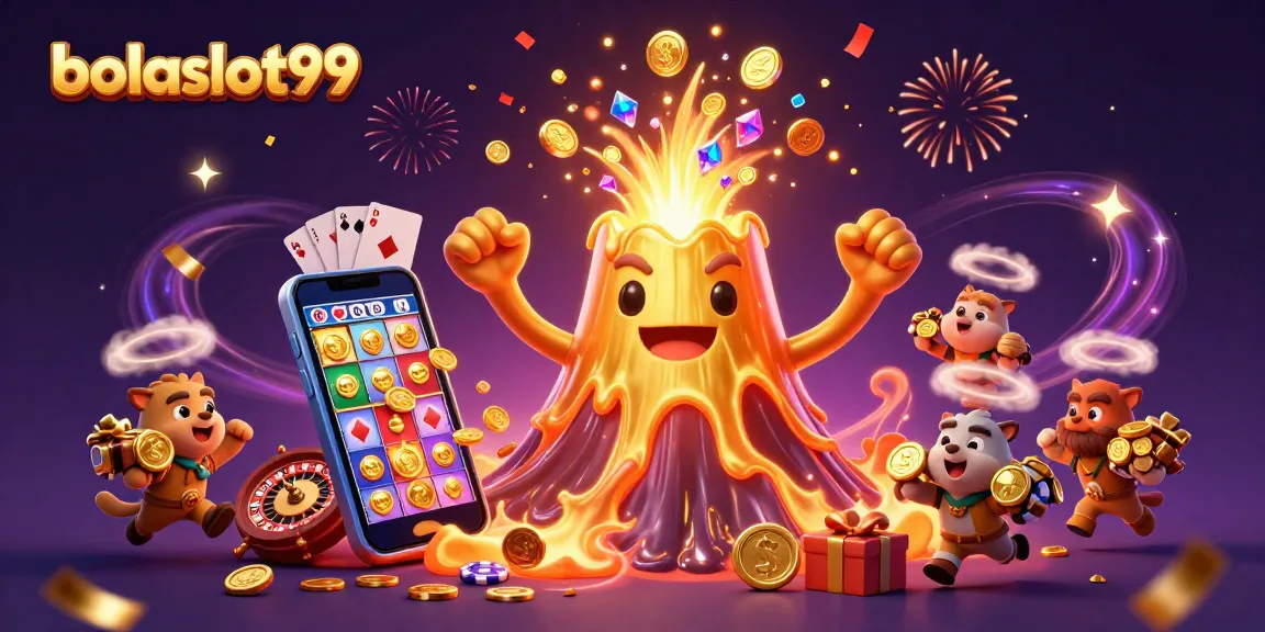 Experience the excitement of bolaslot99 as a golden volcano erupts treasures in this stunning 3D illustration.