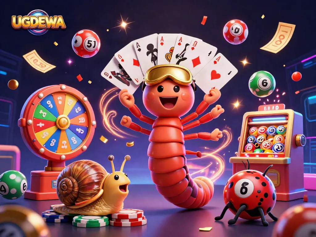 Engage with UGDEWA's thrilling casino scene featuring vibrant lottery elements and delightful characters.