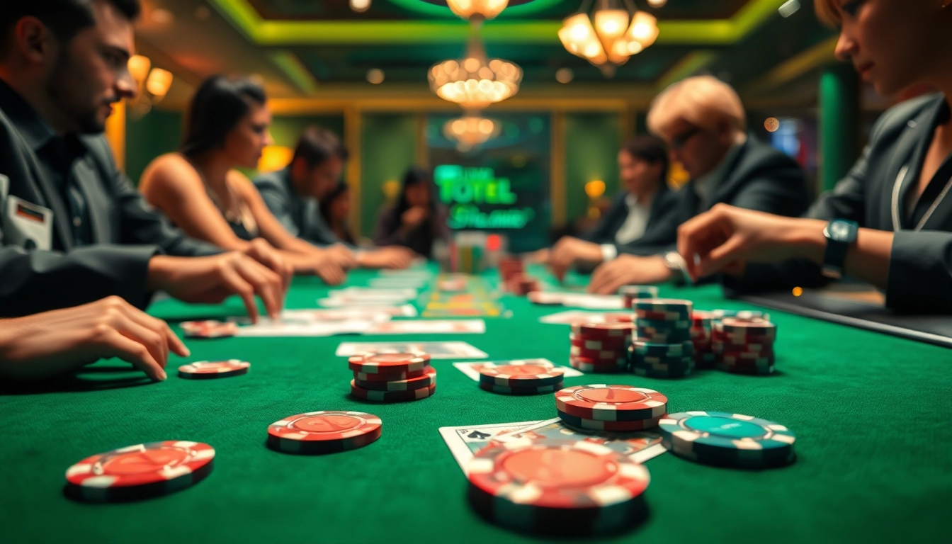 Menggunakan toto togel, suasana kasino yang menarik dengan pemain terlibat dan cip berwarna warni.