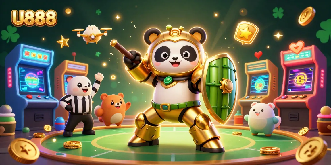 Betting action in U888's vibrant arena with a mech-suit panda engaging players.