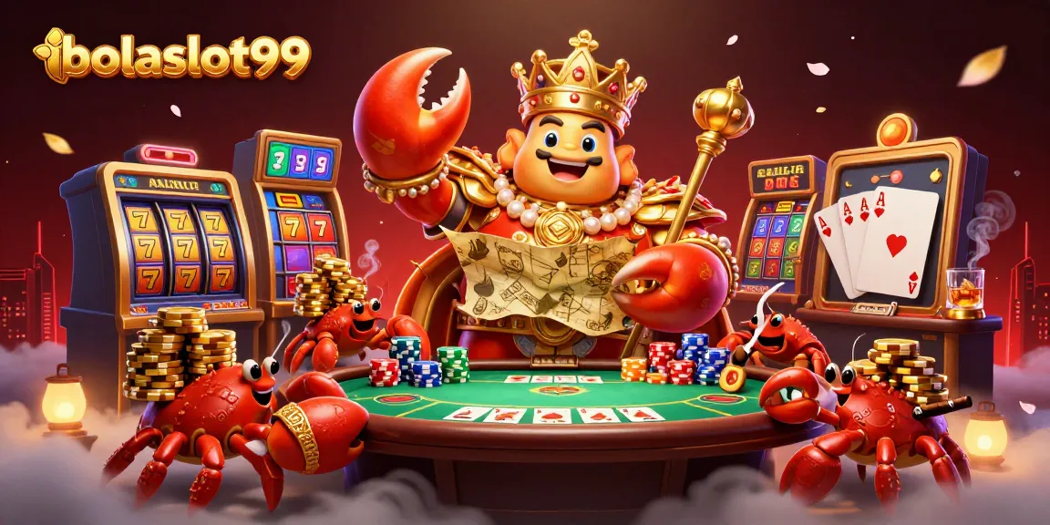 Engage in thrilling gameplay at bolaslot99 with dynamic slot reels, a golden crab emperor, and vibrant casino elements.