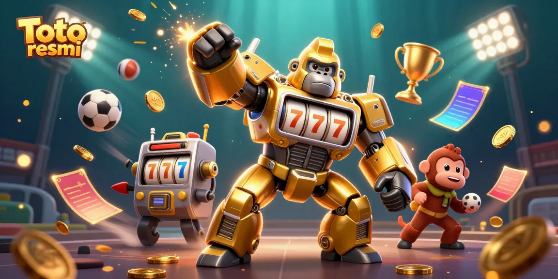 Engage with Toto resmi as the golden gorilla mech showcases winning moments in this dynamic gambling scene.