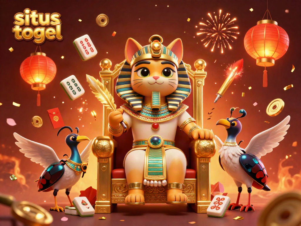 Experience situs togel with a vibrant scene featuring Egyptian-themed characters amidst festive casino elements.