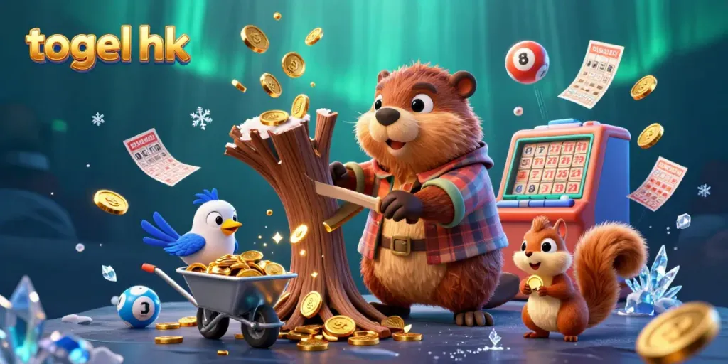 Memenangkan togel hk dengan bebek penebang yang mengumpulkan koin emas di latar belakang aurora.