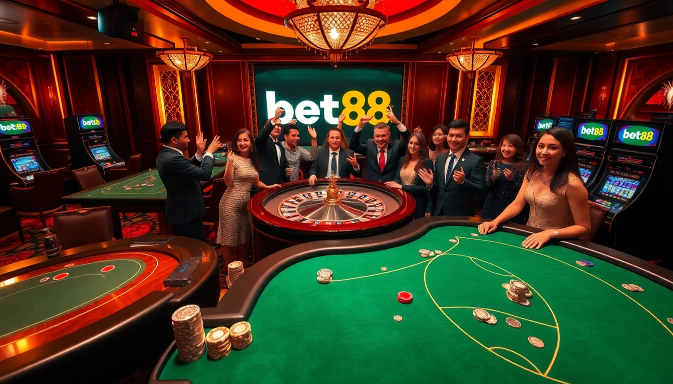 Bet88 players enjoying high-stakes gaming at luxurious casino tables with vibrant decorations.
