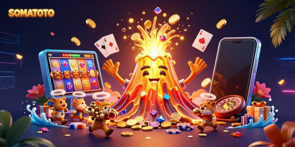 Experience the thrill of SOMATOTO as treasure erupts from a golden volcano in a vibrant casino scene.