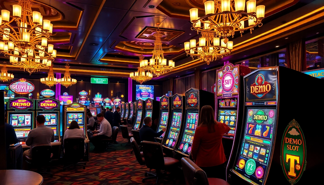 Play exciting demo slot games at a vibrant casino filled with colorful machines.