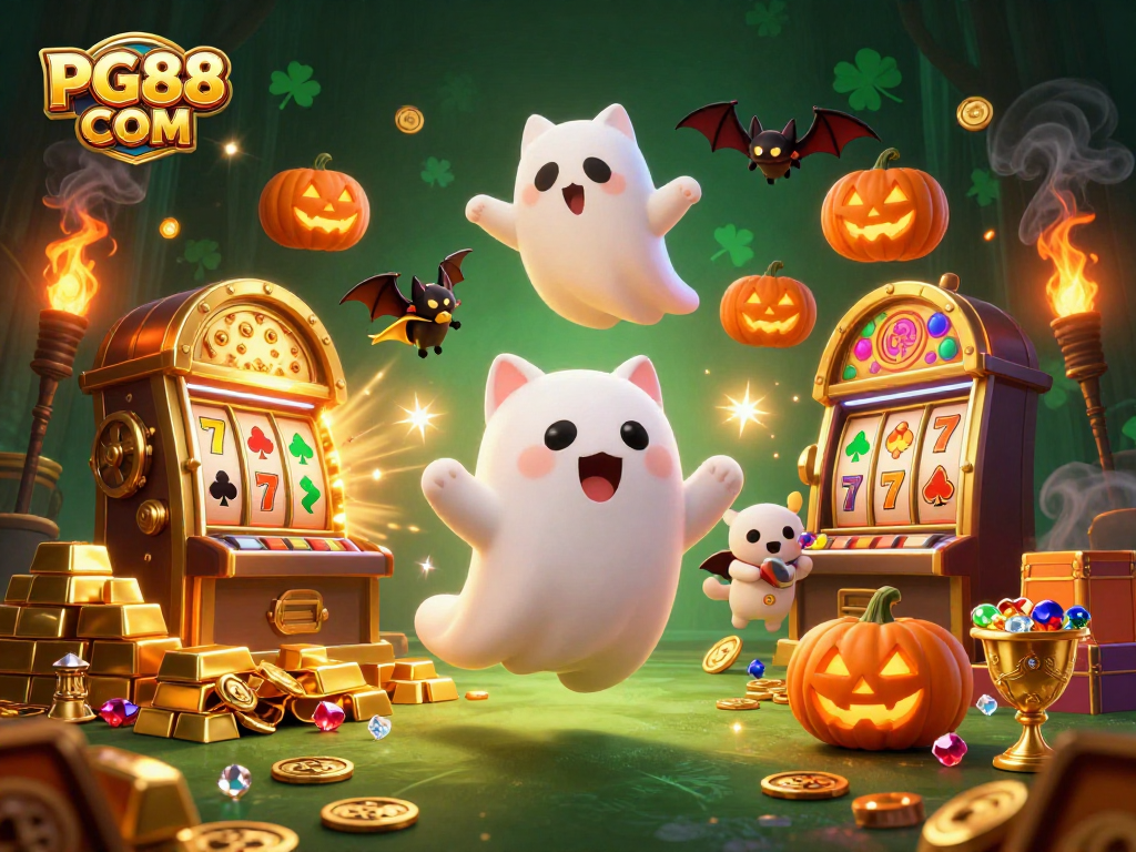 Experience thrilling slots at PG88 COM with ghost cat and jackpot treasures in a haunted casino.
