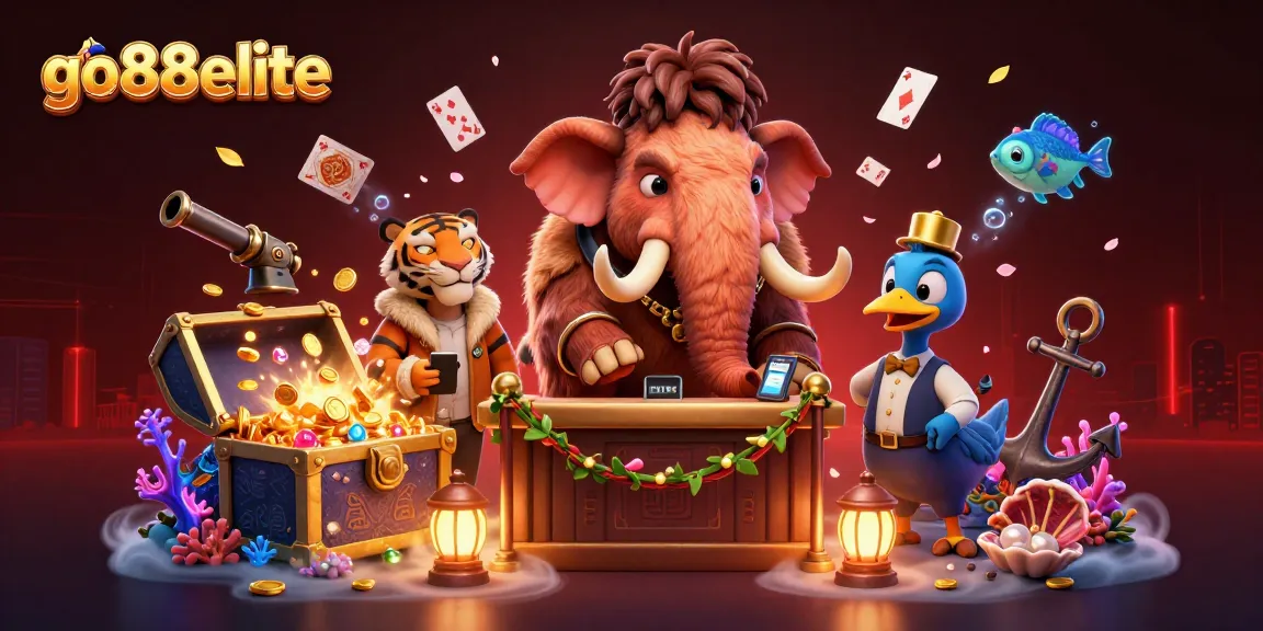 Engage with go88elite at the door, featuring dynamic casino characters and treasures in a vibrant scene.