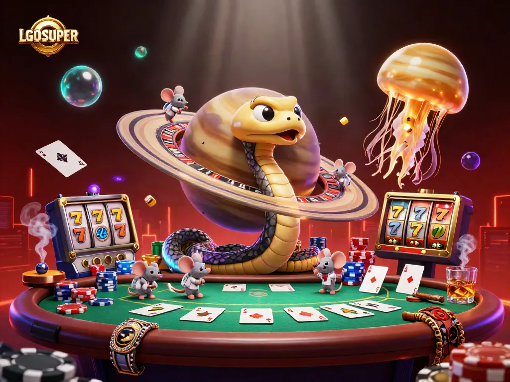 Bet big with LGOSUPER in a vibrant cosmic casino scene featuring astronaut mice and a roulette wheel.