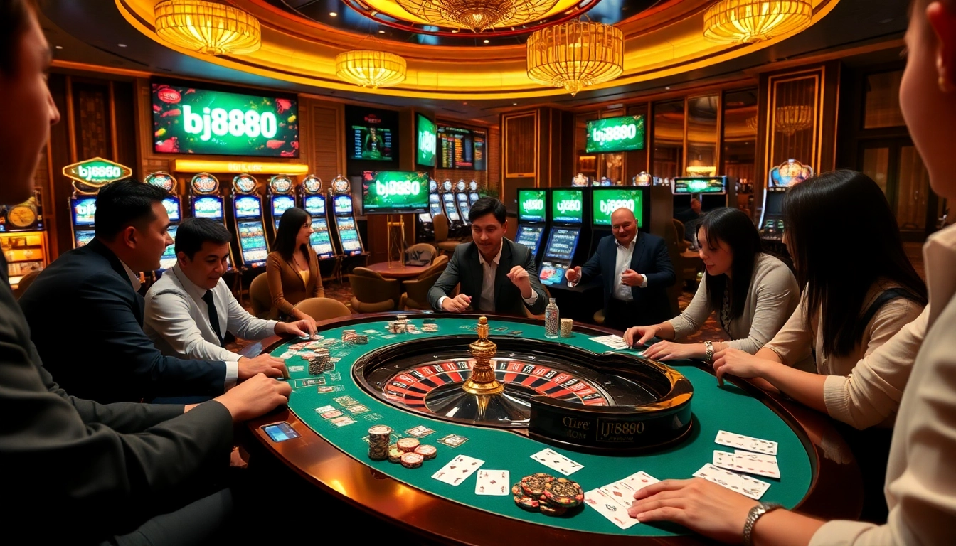 Experience the excitement of gambling at bj888 with poker chips and a vibrant casino table.