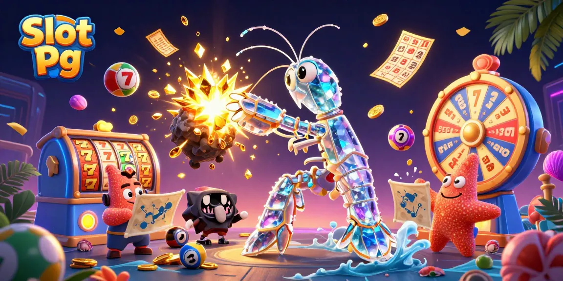 Spin the Slot Pg reels and watch colorful gems and coins rain down in this vibrant casino scene.