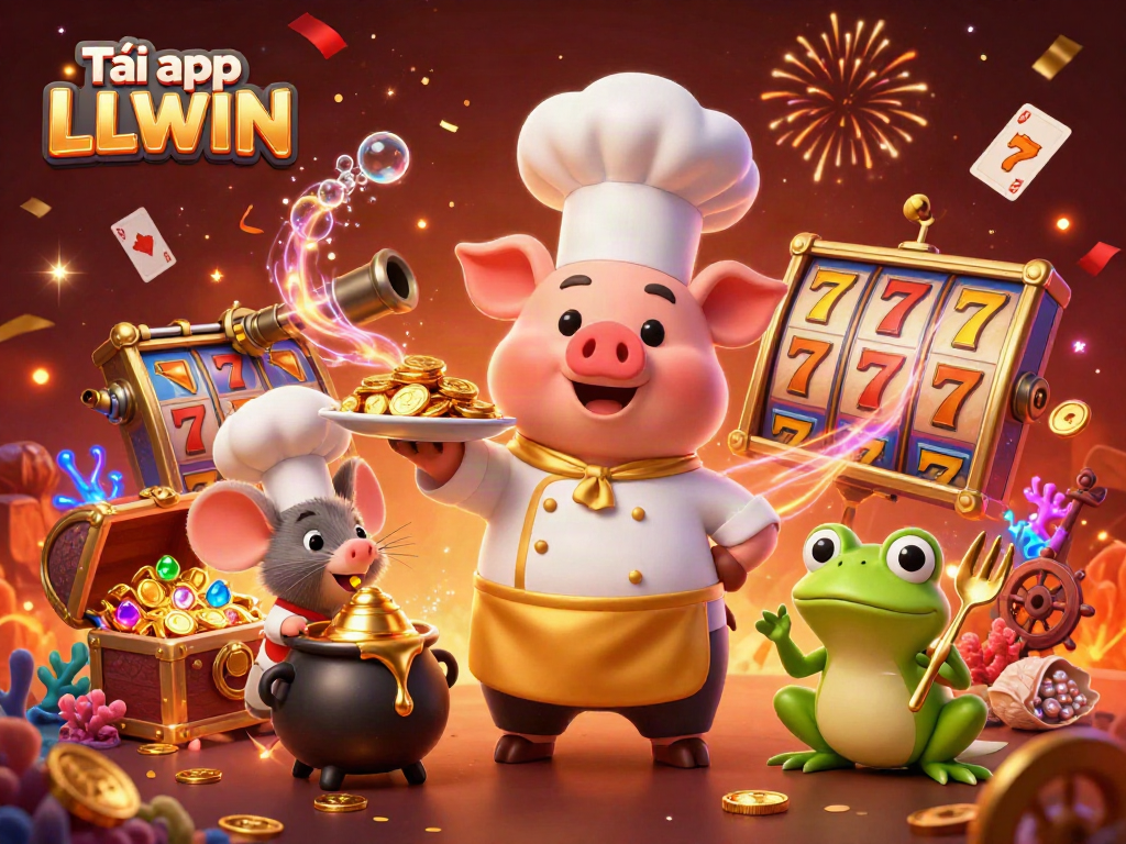 Experience the thrill of Tải app LLWIN with a vibrant casino scene featuring engaging characters and rich gold elements.