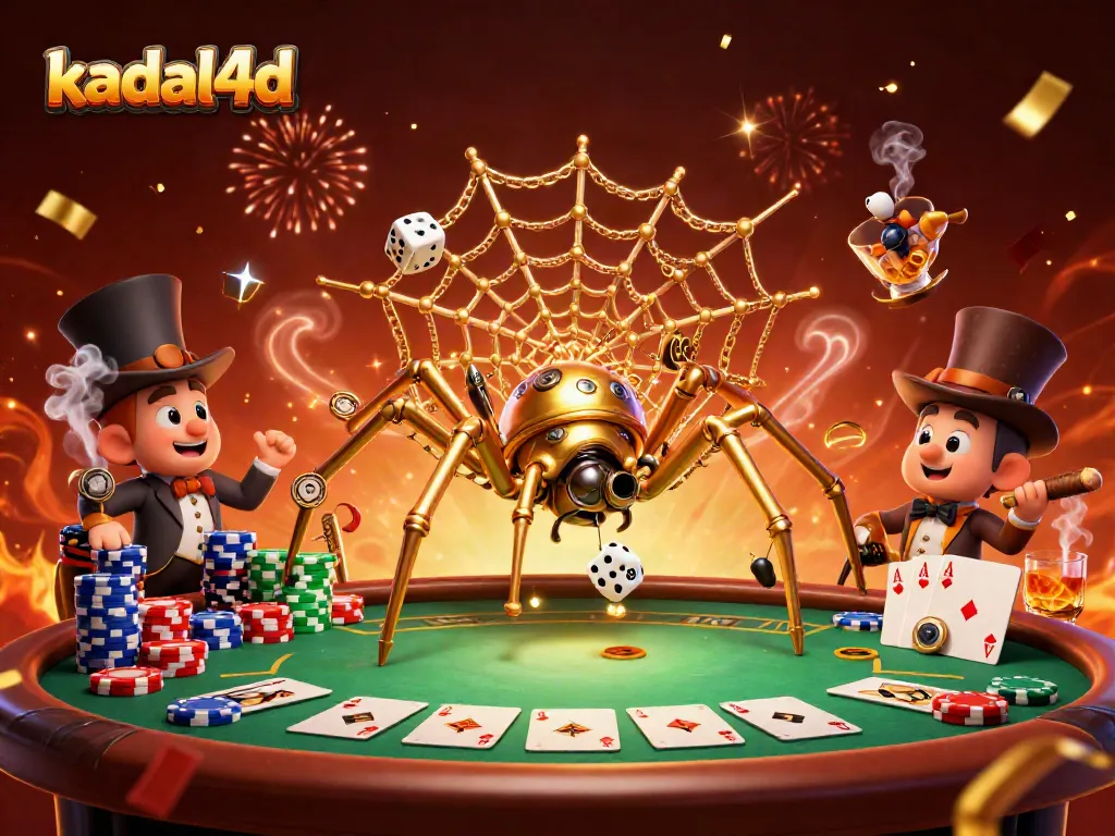 Experience thrilling gaming with kadal4d featuring steampunk spider, poker elements, and festive atmosphere.