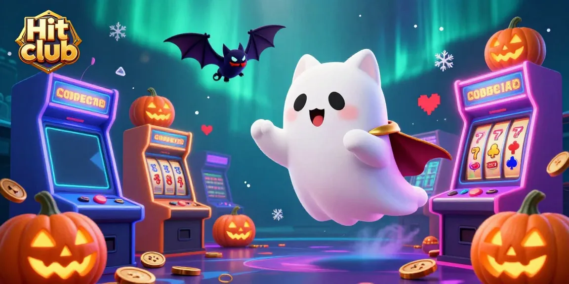 Hit club's vibrant casino scene with a ghost cat and vampire bat amidst glowing slot machines.