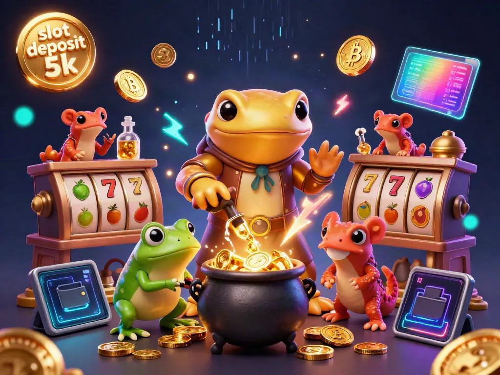 Gambarkan pengalaman bermain slot deposit 5k di DEWABOS138, dengan elemen jackpot, simbol buah, dan karakter kartun 3D berwarna cerah.