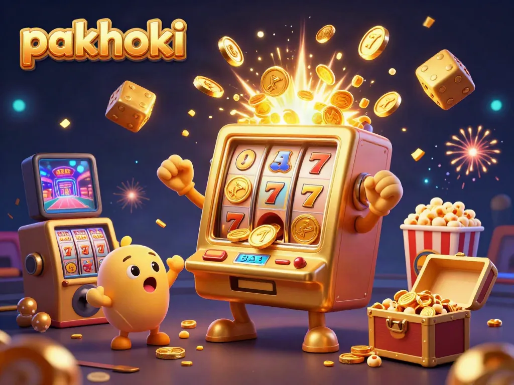 Pakhoki menghadirkan mesin slot emas ceria yang menang jackpot sejumlah koin, dikelilingi mesin slot kecil dan mesin popcorn.