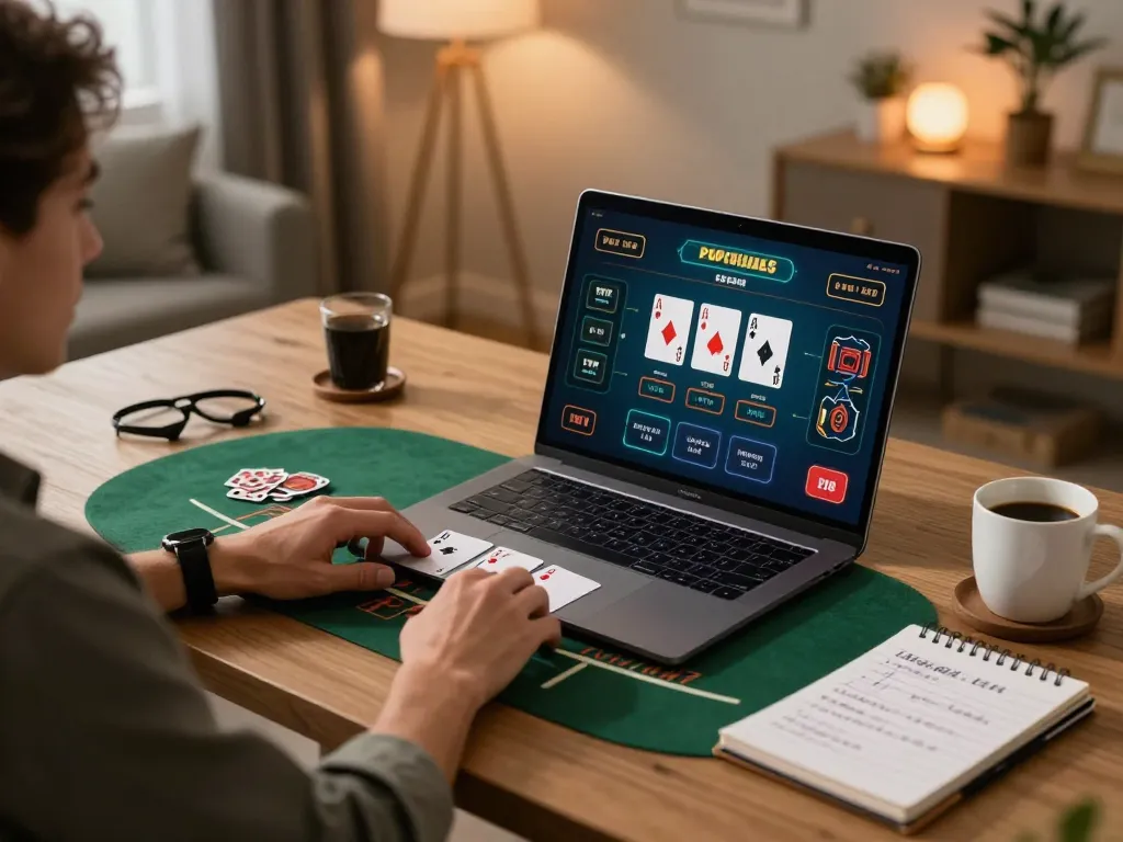 Engaged player enjoying Blackjack on a laptop, highlighting the excitement of 98win trang chủ.