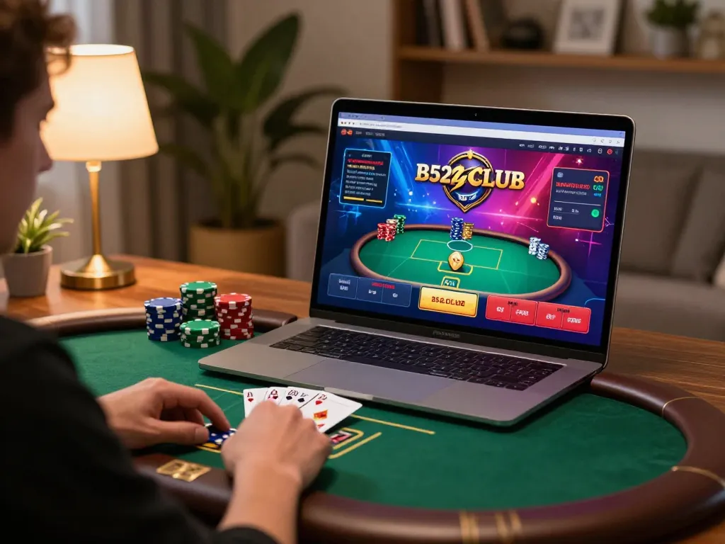 B52CLUB player making strategic poker decisions on an online casino interface.