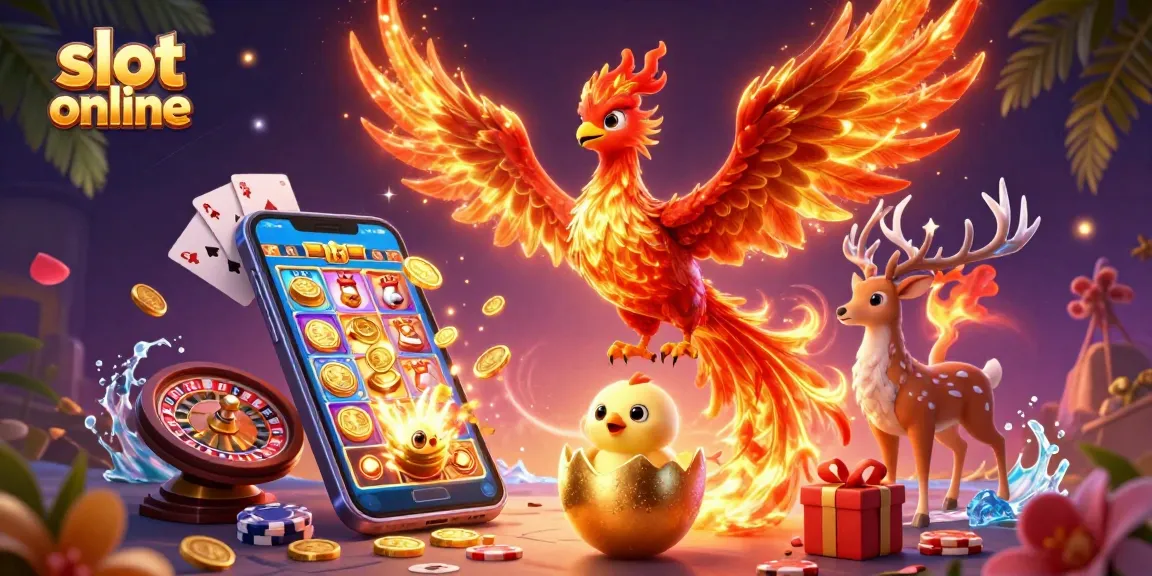 Bermain slot online sambil menikmati pengalaman visual dengan simbol emas dan phoenix dalam latar kasino yang dinamis.