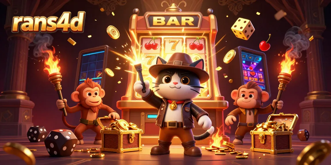 RANS4D: Kucing penjelajah menemukan artefak kasino emas di kuil dengan teman monyet dan simbol game.