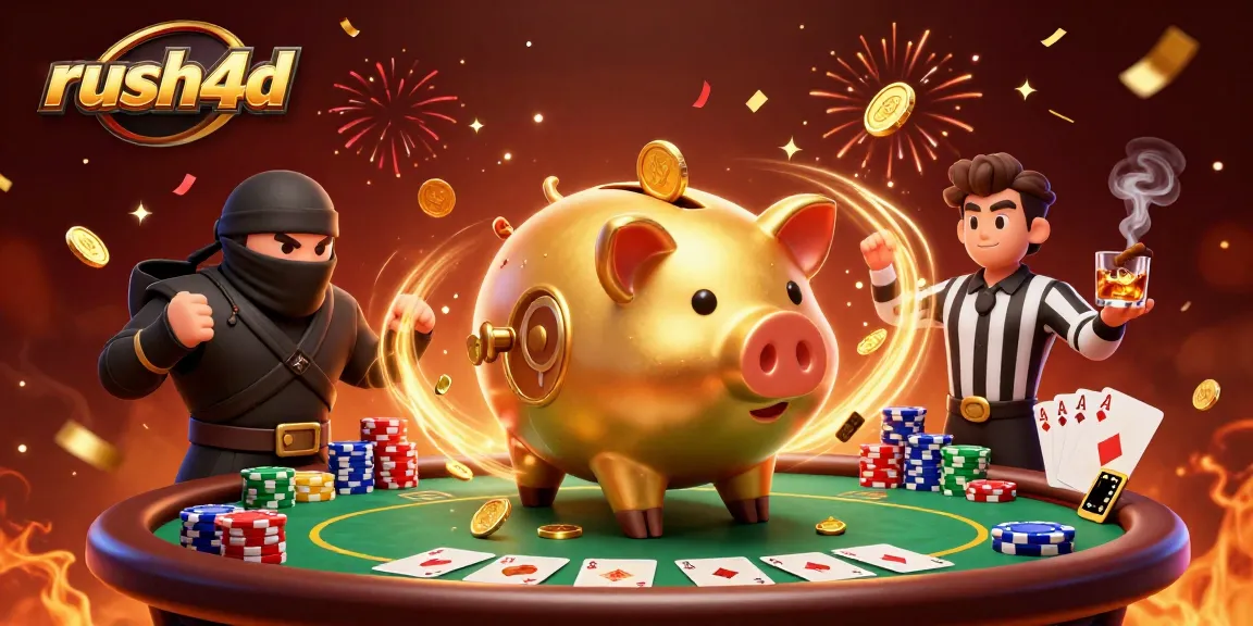 Rush4d menghadirkan ilustrasi kasino dengan karakter celengan emas dan ninja, memenuhi suasana permainan.