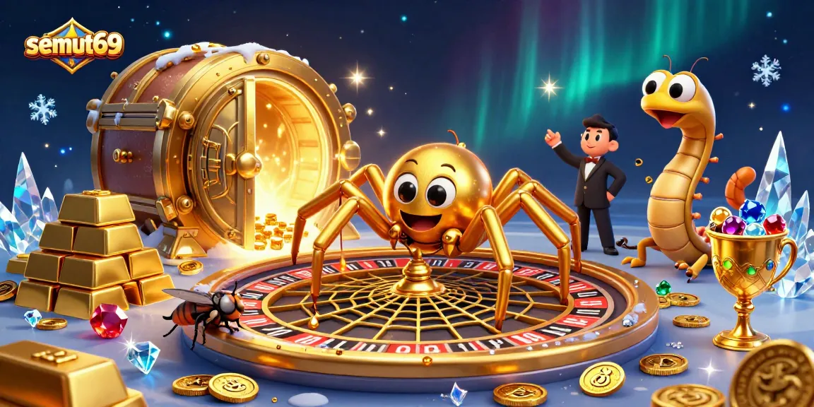 Semut69 memicu keberuntungan sambil bertaruh di roulette, dikelilingi harta karun yang bersinar.