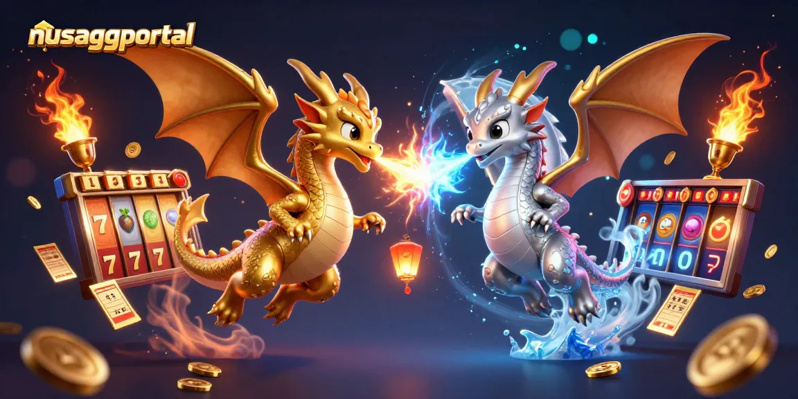 Bet on slots at nusaggportal with gold and silver dragons in an exciting casino scene.