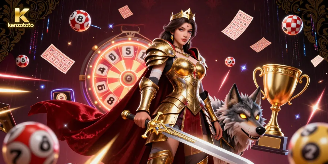 Kenzototo lottery scene featuring a warrior queen with a glowing wolf companion, capturing dynamic energy.