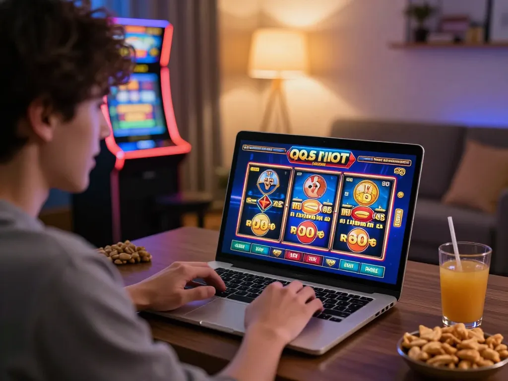 Engaging with QQSLOT Link Alternatif on a laptop, showcasing vibrant casino gameplay.