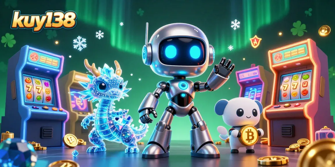 Menggambar aksi slot dengan kuy138, robot cyberpunk dengan koin emas dan lampu neon, serta elemen permainan.