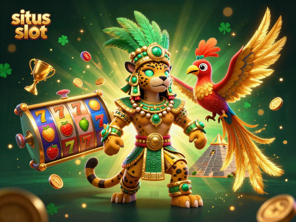 Engage with situs slot featuring a Mayan priest and enchanting quetzal bird amidst dynamic slot symbols.