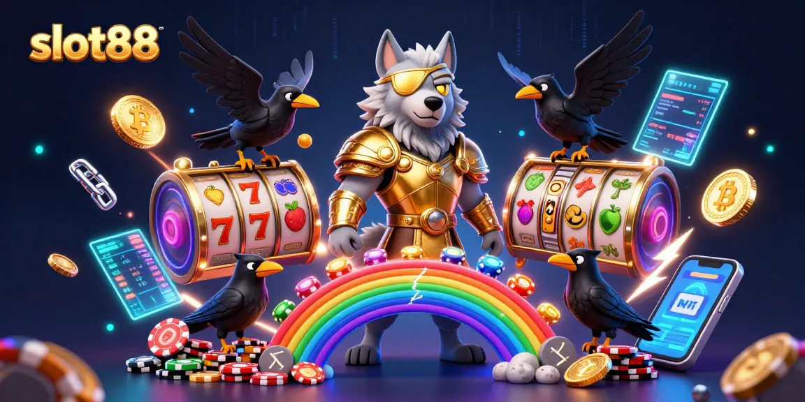 Gambarkan slot88 dengan karakter Odin dan burung gagak, banyak simbol slot dan koin Bitcoin yang bersinar