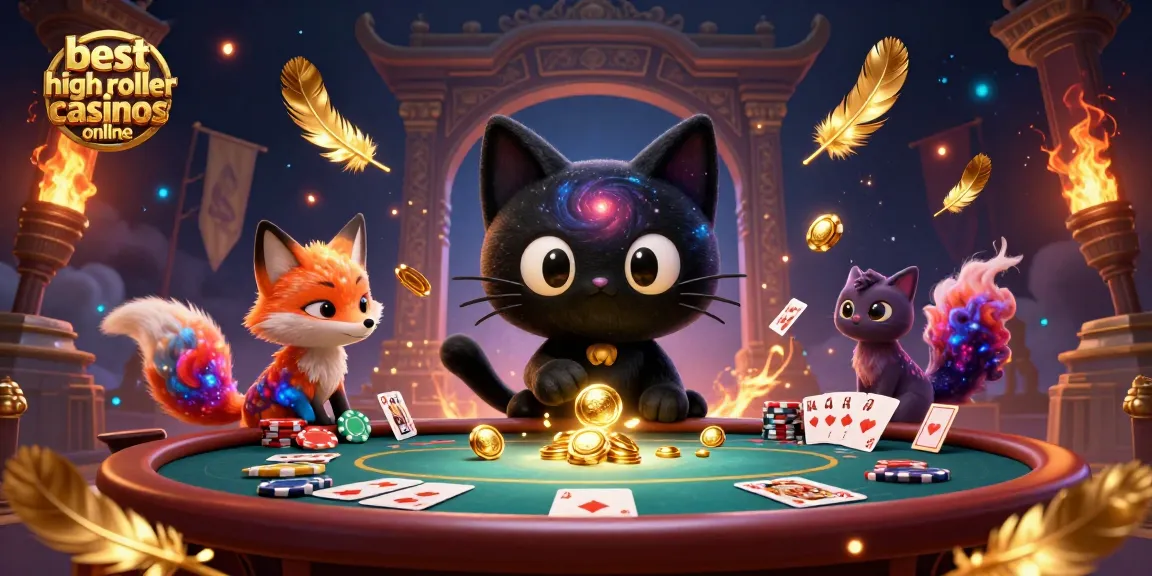 Enchanting scene showcasing the best high roller casinos online with a cosmic cat and fox at a vibrant casino table.