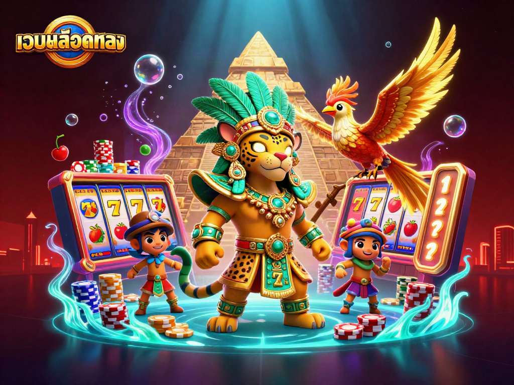 Engage with เว็บสล็อตตรง showcasing Mayan-themed slot reels and vibrant characters in a dynamic 3D casino illustration.