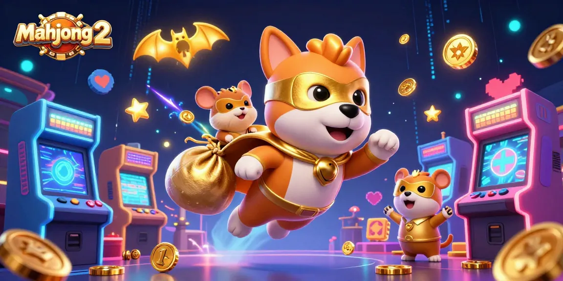 Engage with mahjong 2 featuring a superhero dog and hamster amidst bright casino elements and excitement.