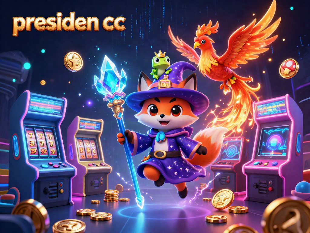 Engaging presiden cc scene with a wizard fox, phoenix, arcade game machines, and vibrant colors.