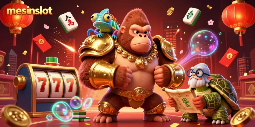 Engage in thrilling gaming adventures with mesinslot's cartoon gorilla king and colorful chameleon in a vibrant casino.