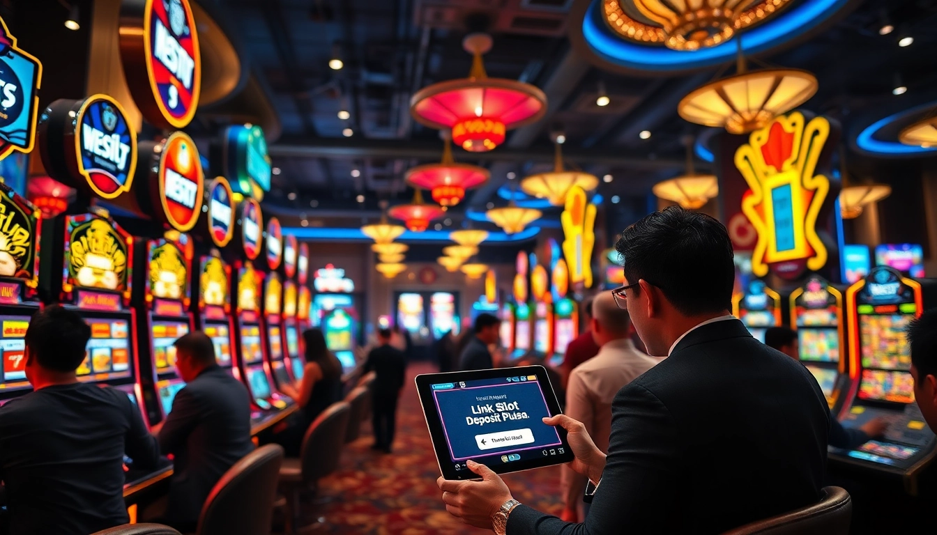 Excited players engaging with vibrant gaming machines showcasing a link slot deposit pulsa for thrilling deposits.