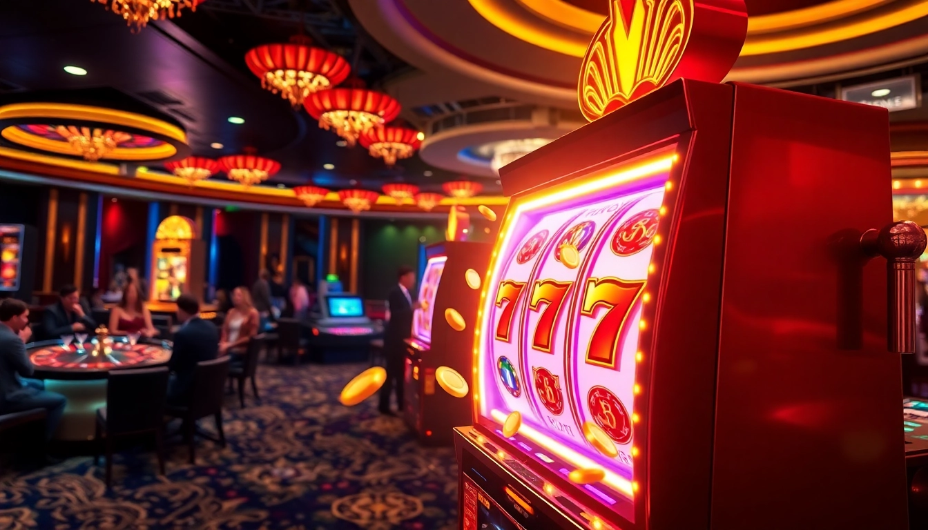Exciting casino scene showcasing a slot bonus with gamblers enjoying vibrant slot machines.